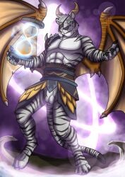abs anthro claws felid front_view fur glistening glistening_eyes green_eyes hair hi_res horn hourglass_(object) hufnaar looking_at_viewer magic_user male male_anthro mammal markings membrane_(anatomy) membranous_wings muscular muscular_anthro muscular_male pantherine pecs smile solo standing striped_arms striped_body striped_fur striped_legs striped_markings striped_tail stripes tail tail_markings tan_wings tiger white_body white_fur white_hair wing_claws wings yellow_horn