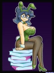 1girls 2026 2d :3 animal_ears artist_name big_breasts blue_eyes blue_hair book_stack books bow breasts bunny_ears bunnysuit cleavage color crossed_legs cuffs errordisc eyebags fake_animal_ears female fishnets ghost ghost_girl glasses gradient_background gradient_hair heels hi_res huge_breasts light-skinned_female light_skin long_hair looking_at_viewer messy_hair nichtgeist oc original_character simple_background sitting skyla_(errordisc) smug smug_face two-tone_hair uncensored