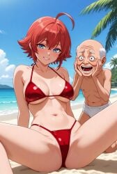 age_difference ai_generated ass beach big_ass big_breasts bikini blue_eyes blue_sky exhibitionism grandpa happy_face looking_at_viewer old_male old_man older_male older_male_and_younger_female original_character palm_tree peeping red_bikini red_hair smile smiling smiling_at_viewer spread_legs staring sunny