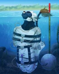 asphyxiation bdsm belts chains charr dangerous feline female furry guild_wars_2 kraujas padlock peril ropes seraya_(kyrdyrre) teats tied_up underwater vibrator water
