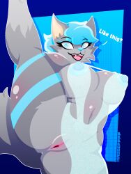 anthro blue_eyes canid canine canis clothing female fiora_blue flashing flashing_pussy hi_res looking_at_viewer mammal massepppp nude smile smiling_at_viewer solo translucent translucent_clothing wolf