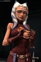 1girl ahsoka_tano ai_generated animal_ears bare_shoulders belt blue_eyes breasts clone_wars fingerless_gloves gloves hi_res high_quality high_resolution hood lips looking_at_viewer nipples patreon seductive sexy sleeveless smile solo spicytoonai star_wars uncensored watermark weapon web_address white_hair