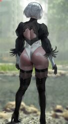 1girls 2b_(nier:automata) android ass ass_focus bare_shoulders blindfold breasts bubble_butt chin_length_hair digital_media_(artwork) dumptruck_ass female female_only huge_breasts large_ass large_breasts nier nier:_automata nier_(series) oroborusart pale-skinned_female pale_skin spankable_ass stockings thick_thighs white_hair