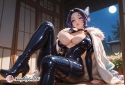 1girl ai_generated artist_name black_bodysuit black_choker black_hair bodysuit boots breasts butterfly_hair_ornament choker cleavage coat demon_slayer flower full_moon fur_trim hair_ornament high_heel_boots high_heels indoors kimetsu_no_yaiba knee_up kochou_shinobu large_breasts latex lips looking_at_viewer moon multicolored_hair naughtygirlsai night parted_bangs parted_lips patreon_username purple_eyes purple_hair shiny_clothes short_hair sitting skin_tight solo thigh_boots zipper