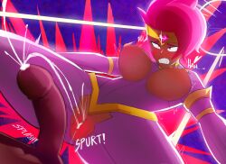 1girl 1girls amber_(brawl_stars) black_man blush_lines blushing brawl_stars breasts breasts_out censored circumcised clothed clothed_sex cum cum_drip cum_in_pussy cumshot damphjack dark-skinned_male latina naked naked_male perspective shooting_cum starr_patrol_amber_(brawl_stars)
