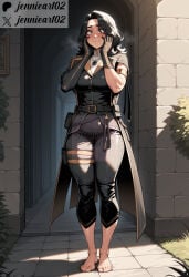 1girl ai_generated armlet asymmetrical_gloves barefoot belt belt_pouch black_belt black_coat black_gloves black_hair black_pants blush body_writing breasts brown_eyes closed_mouth clothing coat elbow_gloves embarrassed english_text feet female full_body gloves grass hands_on_own_cheeks hands_on_own_face heavy_breathing holster jennieart02 jewelry large_breasts leather leather_pants long_hair looking_at_viewer lune medium_hair mismatched_gloves necklace outdoors pants patreon patreon_logo patreon_username pouch public_indecency pussy_juice sex_toy single_elbow_glove single_fingerless_glove single_glove solo standing sweat thick_thighs thigh_strap thighs toenails toes torn_clothes torn_pants trench_coat twitter twitter_username uneven_gloves vibrator vibrator_under_clothes watermark