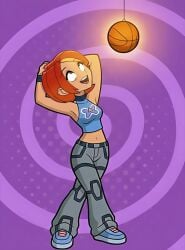 ai_generated baggy_pants basketball butterfly_(planetronika) drool drooling entranced female_only femsub happy_trance hypnosis hypnotized hypnotized_female multicolored_hair orange_hair pendulum planetronika pose purple_background shirt smile smiling spiral_background trance