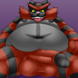 anthro balls belly big_balls big_belly big_penis black_nipples camp14 erection generation_7_pokemon genitals green_eyes hi_res incineroar looking_down male moobs nintendo nipples overweight overweight_male penis pokemon pokemon_(species) sitting solo yellow_sclera