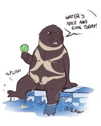 1boy anthro aquatic balls bodily_fluids dessert eyewear food furrtea genital_fluids genitals glasses hi_res humanoid_genitalia humanoid_penis ice_cream male male_peeing mammal peeing peeing_into_pool peeing_into_water penis pinniped seal simple_background small_penis solo swimming_pool text urine urine_stream water watersports white_background