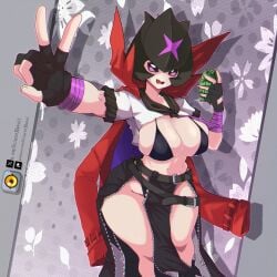 1girls 2026 bancholillymon bandai_namco big_breasts bikini bikini_under_clothes breasts dclaret detailed_background digimon fang female female_only fingerless_gloves hi_res looking_at_viewer purple_eyes solo thick_thighs v_sign wavy_mouth wide_hips