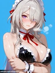 1girl acheron_(honkai:_star_rail) ai_generated arlequin097 arm_under_breasts bare_shoulders bikini black_bikini blue_background blush breasts breath cleavage closed_mouth detached_collar eyes_visible_through_hair frilled_bikini frills grey_hair hair_over_one_eye holding_own_arm honkai:_star_rail honkai_(series) hoyoverse large_breasts long_hair looking_at_viewer maid maid_bikini maid_headdress mihoyo neck_ribbon purple_eyes red_ribbon ribbon sideboob simple_background solo string_bikini swimsuit unconventional_maid upper_body wet wrist_cuffs