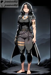 1girl ai_generated armlet artist_name barefoot belt belt_pouch black_belt black_border black_coat black_gloves black_hair black_pants breasts closed_eyes clothing coat english_text feet female full_body gloves jacket jennieart02 jewelry large_breasts long_hair lune medium_hair mountainous_horizon muscular muscular_female necklace pants parted_lips patreon patreon_logo patreon_username pouch scar scar_on_arm single_glove solo standing sweat tall_female thick_thighs thighs toenails toes twitter twitter_username watermark weapon