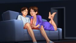 1boy 1boy1girl 1girls 2d_(artwork) balls brown_hair clothed clothing couch darkcookie debbie_(summertime_saga) digital_drawing_(artwork) digital_media_(artwork) erect_penis erection imminent_blowjob imminent_fellatio imminent_oral laying_down laying_on_stomach light-skinned_female light_skin looking_at_another looking_at_partner looking_down main_character_(summertime_saga) milf on_couch on_stomach penis penis_out robe smile smiling smirk smirking summertime_saga thick_thighs