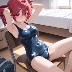 1girls ai_generated armpit_fetish armpits asukasslave bed bedroom cleavage femdom kasane_teto school_swimsuit sitting smirk solo sweat
