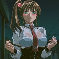 1girls academy_uniform_(bible_black) ai_generated bare_thighs bible_black big_breasts blush bra bra_visible_through_clothes breasts brown_hair clothing female female_focus female_only fully_clothed hair_ornament high_resolution imari_kurumi keltubs necktie night outdoors pleated_skirt ponytail school_uniform schoolgirl see-through see-through_clothing shiny_skin shirt side_ponytail skirt solo stockings street striped_bra suspenders teal_eyes teen teenage_female teenage_girl teenager thighhighs thighs uncensored underwear undressing undressing_self upper_body very_high_resolution vest wet wet_clothes wet_skin