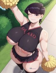 1girls ai_generated angel_yukkis ass big_ass big_breasts big_tits black_thong breasts cheerleader cheerleader_uniform curvy curvy_female curvy_figure day fat_ass komi-san_wa_komyushou_desu komi_shouko milf nipples oppai park pussy pussy_juice sexy_female sexy_pose skirt sleeveless_shirt sweat thong tits voluptuous_female wet wet_pussy