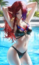 1girls ai ai_art ai_generated alternate_costume arms_behind_head bikini bikini_bottom bikini_top blue_eyes chasca_(genshin_impact) day female female_focus female_only front_view genshin_impact hair_over_one_eye hoyoverse light-skinned_female light_skin long_hair looking_at_viewer mature mature_female mihoyo mihoyo_technology_(shanghai)_co._ltd. outdoors palm_tree pointy_ears pool red_hair sexy sky slim_girl standing standing_in_water swimsuit thong thong_bikini tree two_piece_swimsuit water