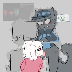 anthro bodily_fluids canid canine computer cum duo electronics felid feline fellatio genital_fluids human humanoid humor male mammal microsoft minecraft mojang oral penile sex sweat under_table won(wondom) wondom xbox_game_studios