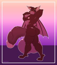 absurd_res anthro bat big_butt big_muscles big_pecs butt eyewear genitals goggles heikidraws hi_res huge_pecs hyper hyper_genitalia male mammal muscular nipples pecs presenting solo