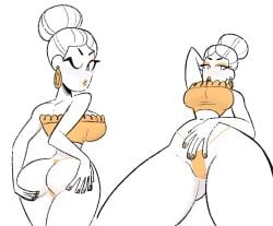 ass ass_focus back_view breasts earrings front_view hand_behind_head hands_on_ass looking_at_viewer looking_back original original_character panties slim_waist tagme thick_thighs tied_hair top_heavy underwear vanillasketchy voluptuous white_background white_body white_hair wide_hips