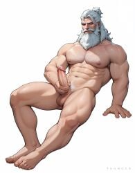 1boy 2d ai_assisted balls bara beard body_hair facial_hair feet full_body hairy human male male_focus male_masturbation male_only muscular muscular_male overwatch penis proud_of_his_cock reinhardt solo thumosx yaoi