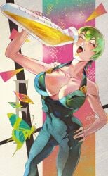 1girls big_breasts breasts cleavage female female_only foo_fighters green_hair huge_breasts jojo's_bizarre_adventure musasabi overalls short_hair stone_ocean urine watersports