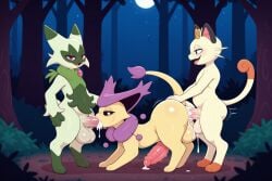 3_fingers 3_toes absurd_res ai_generated all_fours anal anal_penetration anthro anthro_on_feral anthro_penetrating anthro_penetrating_feral balls bestiality big_balls big_ears big_penis biped black_sclera bodily_fluids brown_body brown_fur butt claws cum cum_in_ass cum_in_mouth cum_inside cum_on_balls cum_on_body cum_on_butt cum_on_face cum_on_ground cum_on_penis delcatty fangs feet felid feline fellatio feral feral_penetrated fingers floragato fluffy fluffy_tail forest fur generation_1_pokemon generation_3_pokemon generation_9_pokemon genital_fluids genitals green_body green_fur group half-closed_eyes hand_on_butt hand_on_head hand_on_leg hand_on_thigh hi_res huge_balls huge_penis long_tail looking_at_another looking_at_genitalia looking_at_partner looking_at_partner's_penis looking_at_penis looking_at_viewer male male/male male_penetrated male_penetrating male_penetrating_male mammal meowth moon motion_lines narrowed_eyes neck_tuft nintendo open_mouth open_smile oral outside_sex paws penetration penile penile_penetration penile_spines penis penis_in_ass penis_in_mouth plant pokemon pokemon_(species) purple_body purple_fur quadruped red_eyes sex smile smiling_at_partner smiling_at_viewer snout standing star sweat tail tan_body tan_fur teeth toes tongue tongue_out tree trio tuft vein veiny_penis whiskers white_body white_eyes white_fur yiff_ai_(director)