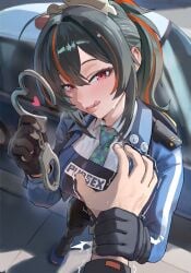 cop dominant_female gloves handcuffs hoyoverse male_pov mihoyo multicolored_hair nervous_male nisakusa police policewoman sweating tie wise_(zenless_zone_zero) zenless_zone_zero zhu_yuan