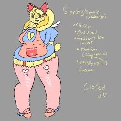 adorable apron_only boob_window clothed cute five_nights_at_freddy's fnaf gardener nipples_visible_through_clothing pussy_peek short_skirt solo spring_bonnie_(fnaf) springbonnie thighhighs tiny_dress transgender_pride_colors yellow_fur