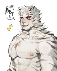 1boy abs absurdres animal_ears arknights bara blush cross_scar cum cum_on_chest ejaculation english_commentary english_text fangs furry furry_male highres kayuji_02 looking_at_viewer male_focus mountain_(arknights) multiple_scars muscular muscular_male nipples open_mouth pectorals scar scar_across_eye scar_on_cheek scar_on_chest scar_on_face speech_bubble tiger_boy tiger_ears tiger_stripes white_background