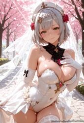 1girl ai_generated ascot bangs bare_shoulders blush braid breasts bridal_veil cleavage closed_mouth covered_navel cowboy_shot detached_collar elbow_gloves flower genshin_impact gloves green_eyes grey_hair hair_flower hair_ornament hand_on_own_chest highleg_leotard jewelry kermixx large_breasts leotard looking_at_viewer noelle_(genshin_impact) outdoors patreon_username petals red_flower red_rose rose short_hair smile solo strapless strapless_leotard thighhighs thighs tree veil white_gloves white_leotard white_thighhighs