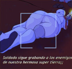 90s ass_focus big_ass butt_focus fanart fight gun helldiver_(helldivers) helldivers helldivers_2 huge_ass military military_boots military_clothing military_uniform redgiratina spanish_text uniform_female vhs_filter