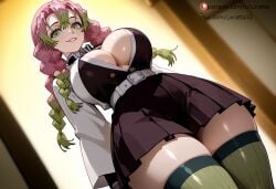 1girl ai_generated big_ass big_breasts braids curvy demon_slayer from_below green_eyes green_hair haori kanroji_mitsuri kimetsu_no_yaiba looking_at_viewer loratta mitsuri_kanroji mole mole_under_eye multicolored_hair pink_hair pleated_skirt standing tagme thick_thighs thighhighs wide_hips