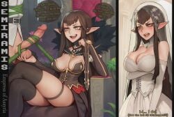1boy 1girl ai-created ai_generated arm_under_breasts arms_under_breasts bare_shoulders bdsm black_dress black_hair black_sleeves black_thighhighs blush bound breasts bridal_gauntlets bridal_veil bride brown_hair caressing_testicles cleavage clothing crossed_legs detached_collar detached_sleeves dress elbow_gloves elf english_language english_text erection fate/grand_order fate_(series) female femdom flower fur_trim gloves hair_ornament head_out_of_frame hetero human instant_loss large_breasts large_penis latbjorn_ai legwear light-skinned_male long_dress long_hair male open_mouth panels pants penis plant pointy_ears precum precum_drip semiramis_(fate) sidelocks sitting skindentation slit_pupils smile speech_bubble spikes strapless strapless_dress teeth testicle_grab testicles text thigh_strap thighhighs throne upper_teeth_only veil very_long_hair vines wedding_dress white_dress white_gloves yellow_eyes