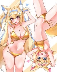 2girls absurdres animal_ears bikini blonde_hair blue_eyes blue_hair blush breasts dog_ears dog_girl dog_tail fuwawa_abyssgard gold_bikini hair_ornament hairclip highres hololive hololive_english large_breasts long_hair looking_at_viewer mococo_abyssgard multicolored_hair multiple_girls navel open_mouth pink_eyes pink_hair short_hair siblings side-tie_bikini_bottom sisters small_breasts smile stomach streaked_hair swimsuit tail thighs twins virtual_youtuber