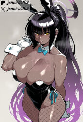 1girl ai_generated animal_ears bare_shoulders black_hair black_leotard blue_archive blue_bow blue_bowtie blush body_writing bow bowtie breasts bunnysuit cleavage clothing collarbone curvy dark-skinned_female dark_skin detached_collar fake_animal_ears female fishnet_legwear fishnet_pantyhose fishnets gloves gradient_hair grey_background halo highleg highleg_leotard huge_breasts jennieart02 kakudate_karin karin_(blue_archive) karin_(bunny)_(blue_archive) large_breasts leotard long_hair looking_at_viewer multicolored_hair number_tattoo official_alternate_costume pantyhose parted_lips patreon patreon_logo patreon_username playboy_bunny ponytail purple_hair rabbit_ears solo strapless strapless_leotard sweat thick_thighs thighs traditional_bowtie twitter twitter_username very_long_hair watermark web_address white_gloves wrist_cuffs yellow_eyes