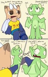 2_horns 3_toes animal_genitalia anthro balls balls_only blue_arms blue_bottomwear blue_clothing blue_feet blue_footwear blue_legs blue_pants blue_shoes blue_tail bottomwear brown_eyes claws clothing comic dialogue dragon duo european_mythology feet footwear genital_slit genitals green_arms green_body green_ears green_eyes green_feet green_legs green_tail head_horn hi_res horn japanese_text kick light_horn light_wings male monotone_horn multicolored_body mythological_creature mythological_scalie mythology nomani_(nomani_int32) nomani_int32 nude one_shoe_on pants plantigrade prank scalie shirt shoes sitting smooth_horn speech_marker tail text toes topwear wasabi_(nomani_int32) western_dragon wing_claws wings wyvern yellow_clothing yellow_ears yellow_head yellow_shirt yellow_topwear