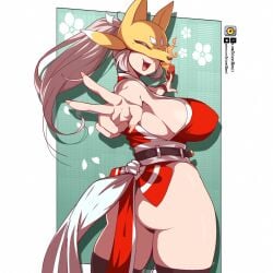 1girls 2026 ass bandai_namco big_breasts cosplay dclaret digimon female female_only hi_res king_of_fighters long_hair looking_at_viewer mai_shiranui_(cosplay) mask open_mouth ponytail sakuyamon smiling smiling_at_viewer snk solo thick_ass thick_thighs thighhighs v_sign white_hair