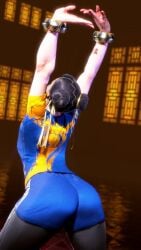 1girls 3d arched_back arms_up ass back black_hair black_pantyhose blood blue_shirt blue_shorts bracelet breasts brown_hair chinese_clothes chun-li clothing cowboy_shot double_bun facing_away female from_behind hair_bun hair_ribbon jewelry leggings legs_apart outstretched_arms palms pantyhose pantyhose_under_shorts ribbon screenshot shirt short_hair short_sleeves shorts solo standing street_fighter street_fighter_6 stretching thighs tight_clothes yellow_ribbon