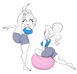 ass ass_focus back_view breasts cleavage exercise front_view gym_clothes long_hair looking_at_viewer original original_character shorts slim_waist spread_legs stretching tagme thick_thighs tied_hair topwear vanillasketchy voluptuous white_background white_body white_hair wide_hips