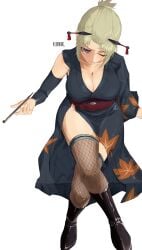 big_breasts blonde_hair blush boots crossed_legs facial_scar female female_only fishnet_thighhighs fishnets full_body gintama high-angle_view iknsk japanese_clothes kimono kiseru looking_at_viewer one_eye_closed pipe purple_eyes scar scar_across_eye side_slit single_detached_sleeve sitting smoking smoking_pipe solo sweating thighhighs tied_hair tsukuyo