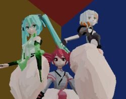 3d 3girls ahoge aqua_eyes aqua_hair asymmetrical_bangs bare_shoulders black_belt black_dress buttons chis-a closed_eyes collared_shirt detached_sleeves dress drill_hair grey_hair grey_jacket hatsune_miku jacket kasane_teto kasane_teto_(sv) long_hair looking_at_viewer low_poly mattguy17 orange_hair red_eyes red_hair shirt short_hair synthesizer_v twin_drills twintails two-tone_hair vocaloid voisona white_shirt yellow_eyes