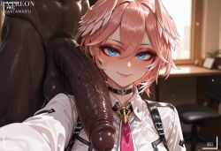 1boy 1girl ai_generated black_choker black_skin blue_eyes blurry_background blush breasts choker closed_mouth clothed_female_nude_male clothing collared_shirt dark-skinned_male dark_skin erection eyeshadow female hair_between_eyes hair_wings head_wings hetero hololive hololive_japan huge_penis huge_testicles indoors interracial large_penis long_sleeves looking_at_penis looking_at_viewer makeup male male_pubic_hair multicolored_hair necktie nude penis penis_on_face pink_eyeshadow pink_hair pink_necktie pubic_hair shirt short_hair smile solo_focus takane_lui takane_lui_(1st_costume) testicles vantawaifu veins veiny_penis very_dark_skin virtual_youtuber white_shirt wings