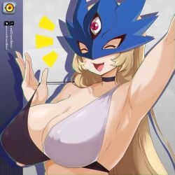 1girls 2026 3_eyes bandai_namco beelstarmon big_breasts bikini bikini_top blonde_hair choker closed_eyes dclaret digimon female female_only forehead_eye hi_res long_hair mask nipple_bulge open_mouth red_eyes slit_pupils smile solo