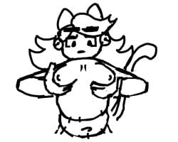 1girls alphys big_eyebrows boobs cat_ears cat_tail catgirl dinosaur dinosaur_girl full_body mad_mew_mew naked naked_female touching_breast trans_woman transfem undertale