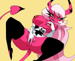 1girls anus barbell_piercing bare_shoulders black_footwear black_thighhighs boots breasts breasts_out clothes_lift clothing colored_nipples colored_sclera colored_skin coolerinker deep_skin demon_girl demon_horns demon_tail dress dress_pull elbow_gloves female female_masturbation gloves grabbing_own_breast grin hellaverse helluva_boss high_heels horns inker_comics inkershike large_breasts legwear light_areolae long_hair looking_at_viewer makeup masturbation mole mole_under_eye nipple_bar nipple_piercing nipples no_panties piercing pink_eyes pink_hair pink_skin presenting pussy red_skin sharp_teeth simple_background smile solo spread_legs star_(symbol) tail teeth thick_thighs thigh_boots thighhighs thighs verosika_mayday verosika_mayday_(helluva_boss) very_long_hair white_gloves yellow_background yellow_eyes yellow_sclera