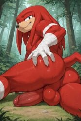 1boy ai_generated anthro ass ass_grab balls bandages big_penis echidna erection furry furry_male furry_only genitals hand_on_ass humanoid_genitalia humanoid_penis knuckles_the_echidna large_penis looking_at_viewer male male_only mammal mature mature_male muscles muscular muscular_male outdoors penis red_fur sega smile solo solo_focus solo_male sonic_(series) sonic_the_hedgehog_(series) testicles trees white_bandages