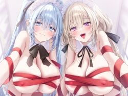 2girls all_fours areola_slip black_bow black_bowtie blonde_hair blue_eyes blue_hair blurry blurry_background blush bow bowtie breasts covered_nipples depth_of_field detached_collar from_below hair_between_eyes hair_ribbon highres huge_breasts indoors long_hair looking_at_viewer low_twintails maid maid_headdress multiple_girls naked_ribbon navy_(navy.blue) neck_ribbon nipple_bulge nipples_visible_through_clothing original purple_eyes red_ribbon ribbon sidelocks smile take_your_pick teeth tongue twintails upper_teeth_only
