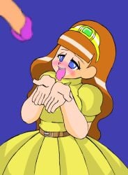 1boy 1girls blue_eyes blush blushing breasts cupping_hands jermaneels masturbation monica_(jermaneels) open_mouth orange_hair penis sensual_pleasure stroking_penis tongue tongue_out