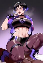 1boy 1girl abs ai_generated black_hair black_sports_bra boots breasts bunnyart02 choker clothed_female_nude_male clothing collar crop_top dark-skinned_male dark_skin female fingerless_gloves footwear girl_on_top gloves grinding heavy_breathing hetero interracial jacket large_breasts male midriff mishima_reina multicolored_hair muscular navel nude official_alternate_costume open_clothes open_jacket open_mouth pantyhose penis purple_eyes purple_footwear purple_hair purple_jacket purple_nails reina_mishima short_hair short_shorts shorts sitting_on_person solo_focus sports_bra spread_legs sweat tekken tekken_8 thick_thighs thigh_sex thigh_strap thighs tongue tongue_out two-tone_hair
